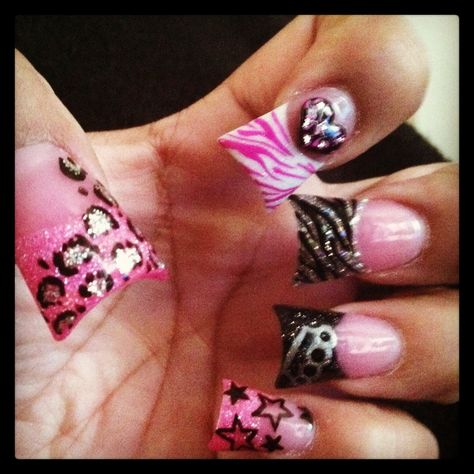 Nails by Kristin #star#leopard#zebra#heart#brass knuckle Nails Mcbling, Mcbling Nails, Scene Nails, 2000s Nails, Trashy 2000s, Brass Knuckle, Black Acrylic Nails, Punk Nails, Duck Nails