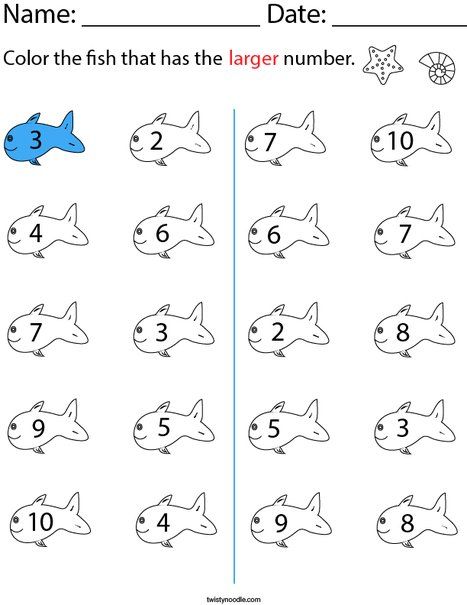 Color the Fish that has the Larger Number Math Worksheet - Twisty Noodle Larger Number Worksheet, Maths Paper For Nursery, Pre K Math Worksheets, Worksheet For Nursery Class, Preschool Counting Worksheets, Holiday Math Worksheets, Kindergarten Math Curriculum, Montessori Math Activities, Counting Worksheets For Kindergarten