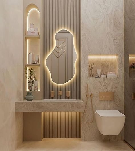 Amazon.com: FAWdecor Irregular Led Lighted Mirror for Bathroom, Asymmetrical Vanity Mirror with Lights, Washbasin Backlit Led Illuminated Wall Mirror (Warm Ligth, 74x130 cm | 29.1"x51.2") : Home & Kitchen Bathroom Mirror Asymmetrical, Small Powder Room Vanity Ideas, Toilet Mirror Ideas, Basin Ideas Bathroom, Wash Basin Mirror Design, Basin Mirror Design, Asymmetrical Vanity, Vanity Mirror Design, Powder Room Vanity Ideas