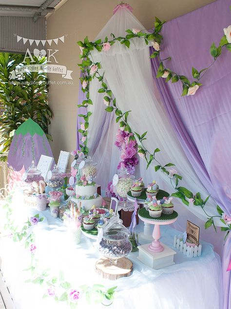 Aurelia's Pink & Purple Fairy Woodland themed Birthday dessert table by A&K Woodland Baby Shower Theme Decorations, Woodland Fairy Birthday, Fairy Princess Birthday, Woodland Fairy Party, Fairy Baby Showers, Dessert Table Birthday, Fairy Garden Birthday Party, Woodland Baby Shower Decorations, Woodland Birthday Party