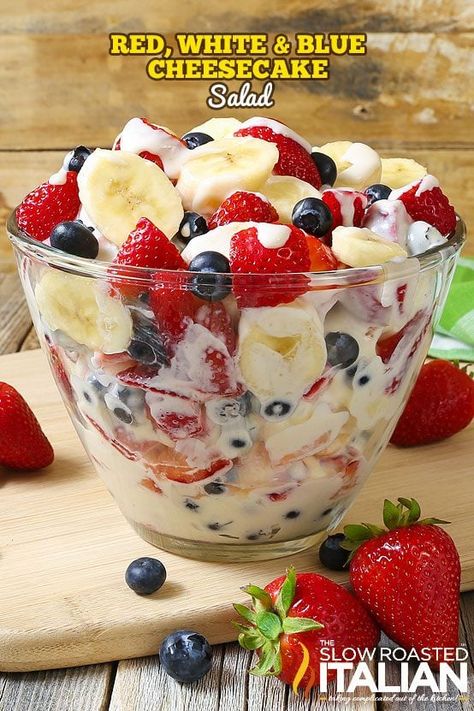 Red White and Blue Cheesecake Salad +Video - TSRI Banana Fruit Salad, Red White And Blue Cheesecake, Blue Cheesecake, Cheesecake Salad, Easy Fruit Salad Recipes, Creamy Fruit Salads, Cheese Pudding, Blue Salad, French Vanilla Creamer