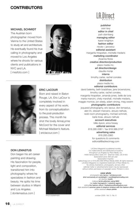 LA Direct Magazine october 2008 masthead Contributors Page Magazine Layout, Masthead Design Magazine, Magazine Masthead Design, Editor's Note Magazine, Masthead Magazine, Magazine Masthead, Masthead Design, Scott Michael Foster, Design Newspaper