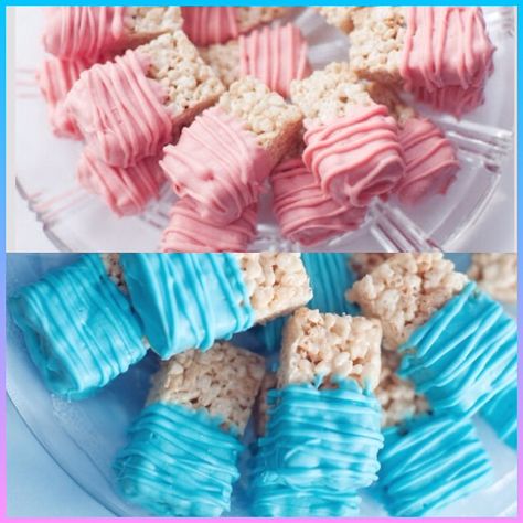 Gender Reveal Rice Crispy Treats Gender Reveal Joke Ideas, Gender Reveal Rice Crispy Treats, Gender Reveal Goodies, Gender Reveal Rice Krispie Treats, Gender Reveal Treats Sweets, Gender Reveal Treats, Gender Reveal Dessert, Gender Ideas, Gender Reveal Food