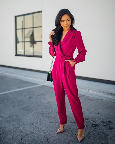 Pink Jumpsuit Outfit Classy, Pink Jumpsuit Outfit, Pink Jumpsuits Outfit, Hot Pink Jumpsuits, Jumpsuit Style, Classic Tuxedo, Hot Jumpsuits, Wrap Jumpsuit, Jumpsuit Outfit