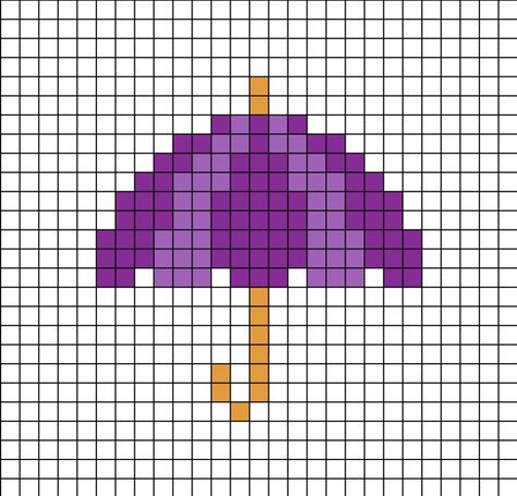 A pixel art template of a purple umbrella from rucniprace. You can change the colours to whichever you prefer, this is just a template.

If you are looking to make more perler beads, add a black outline to this. This will support the handle as they aren't currently connected. Also consider placing an outline under the hood, splitting the handle. Minecraft Umbrella, Purple Umbrella, Chicken Cross Stitch, Pony Bead Projects, Rain Weather, Seed Bead Jewelry Patterns, Easy Pixel Art, Pixel Art Templates, Zen Doodle Art