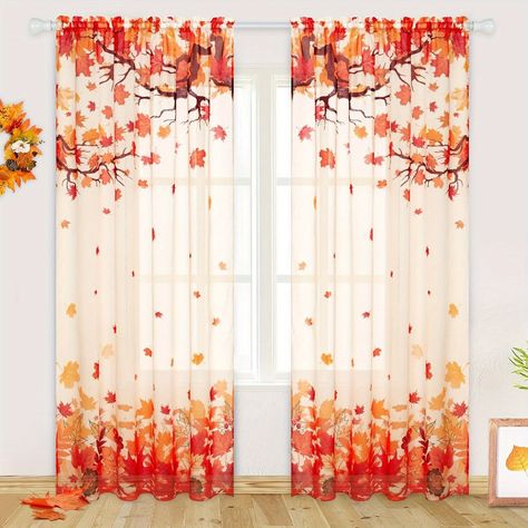 Faster shipping. Better service Falling Maple Leaves, Fall Curtains, White Kitchen Curtains, Off White Kitchens, Leaf Curtains, Small Window Curtains, Window Sheers, Fall Living Room Decor, Sheer Curtain Panels