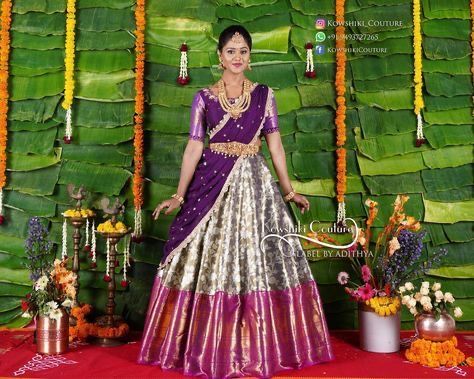 Purple Pattu Lehenga, Purple Langa Voni, Silver Half Saree, Purple Half Saree, Outfits Party Night, Long Frocks For Girls, Pattu Dress, Son Outfits, Pattu Langa