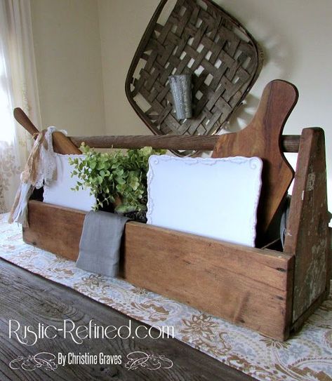 Farmhouse Kitchen Table Centerpiece, Farmhouse Dining Table Centerpiece, Wood Box Decor, Farmhouse Table Centerpiece, Dining Table Centerpieces, Rustic Table Centerpieces, Old Tool Boxes, Wood Tool Box, Farmhouse Table Centerpieces