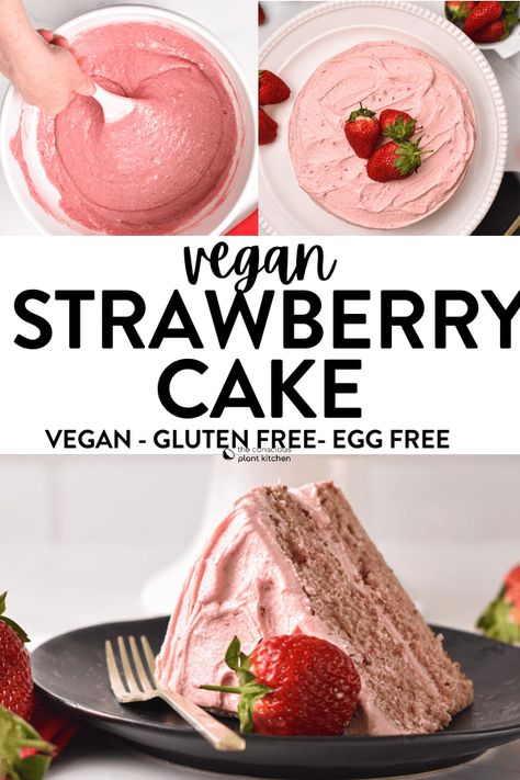 This Vegan Strawberry Cake is the most delicious, fluffy pink layer cake to celebrate any occasion. Plus, it's filled with the most delicious strawberry buttercream that brings out all the strawberry flavors from the cake. Strawberry Vegan Cake, Pink Layer Cake, Vegan Strawberry Cake, Gluten Free Strawberry Cake, Banana Diaries, Homemade Strawberry Cake, Low Carb Flour, Strawberry Cake Recipes, Strawberry Buttercream