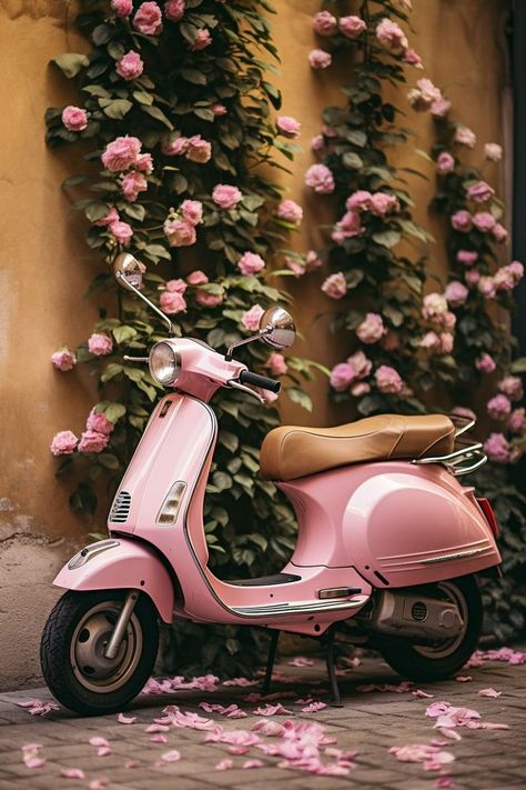 A pink Vespa in front of a rose plant, showcasing a harmonious blend of stylish transportation and natural elegance. Pink Vespa, Pink Motorcycle, City Adventure, Pink Bicycle, Rose Plant, Fashion Artwork, Pretty Bike, Kitchen Decor Wall Art, Vespa Vintage