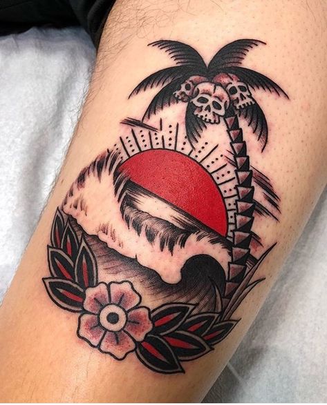 Scene Tattoos, Surf Tattoo, Traditional Style Tattoo, Palm Tattoos, Traditional Tattoo Sleeve, Beach Tattoo, Best Tattoos, Traditional Tattoo Design, Weird Tattoos