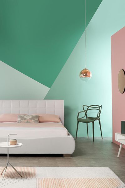 Pink Bedroom Interior, Wall Colors Ideas, Green And Pink Bedroom, Colour Blocking Interior, Neutral Furniture, Open Concept Home, Pastel Walls, Interior Design Color, Wall Tattoo