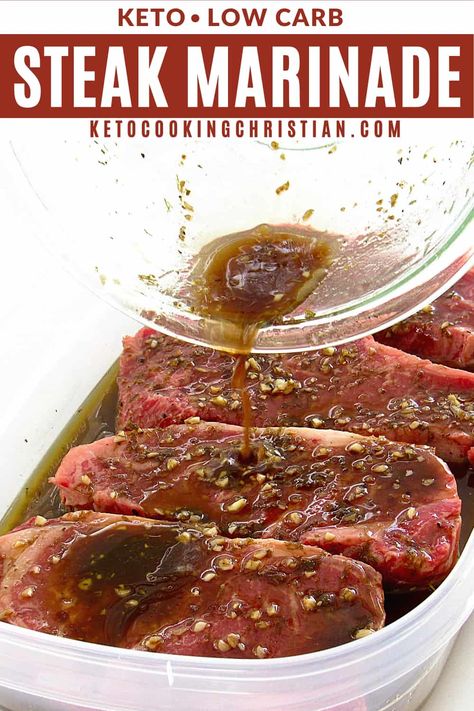 Easy Steak Marinade Take grilled steaks to a whole new level with this super tasty Keto Marinade. It's easy to make and gives steak unbelievable flavor. #ketomarinade #ketogrilling #ketogrillingmarinade Keto Steak Marinade, Easy Steak Marinade, Meat Marinade Recipes, Keto Steak, Keto Beginner, Steak Marinade Easy, Marinade Flank Steak, Grilled Steaks, Low Sugar Diet Recipes