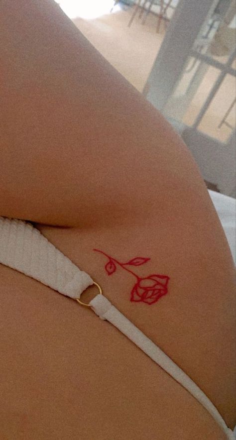 Red Rose On Back Tattoo, Red Ink Tattoos Hip, Red Hip Tattoos Women, Red Tattoo On Hip, Red Ink Hip Tattoo, Red Heart Tattoo On Bum Cheek, Hip Rose Tattoos Women, Red Tattoo Women, Red Heart Tattoo On Hip