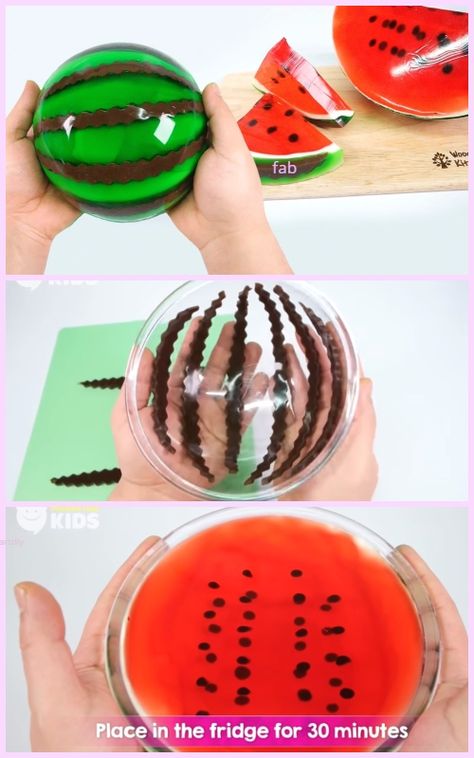 DIY Giant Jello Watermelon Tutorial for Kids Watermelon Jello, Jello Jigglers, Lego Candy, Kids Treats, Watermelon Party, Kids Treat, Fancy Food, Sweet Shop, Party Recipes