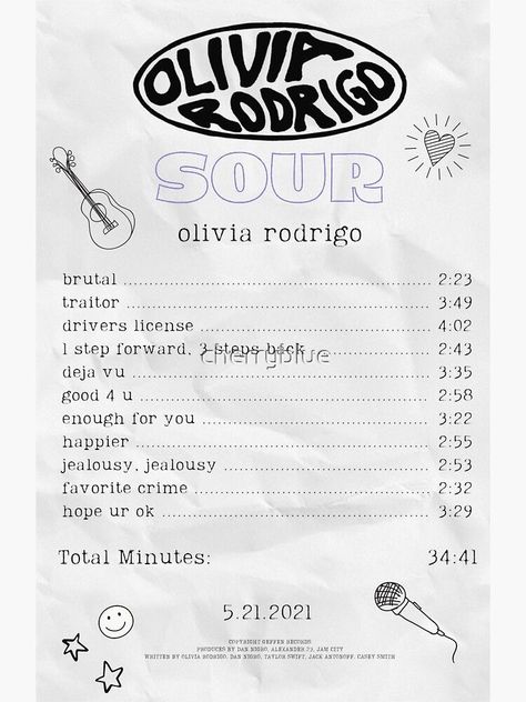 Music Receipts, Receipt Sticker, Receipt Design, Album Receipt, Sour Album, Olivia Rodrigo Sour, Music Journal, Music Poster Ideas, Dorm Wall Art