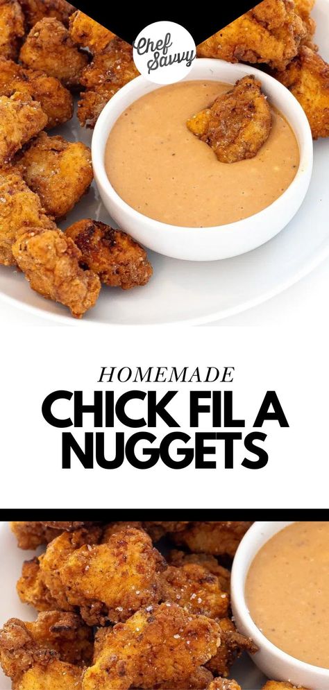 Learn How to Make Homemade Copycat Chick Fil A Nuggets Recipe! Chick Fil A Nuggets are a delicious homemade copycat recipe that is the perfect alternative to going to the drive-thru! Featuring tender chicken breast coated in a flavorful, crispy coating and dipped in your favorite Chick Fil A sauce! Follow Chef Savvy for more chicken Recipes! Chick Fil A Tenders Recipe, Chick Fil A Nuggets Recipe, Chick Fil A Chicken Nuggets Recipe, Copycat Chick Fil A Nuggets, Barbecue Sauce Chicken, Crispy Chicken Breast, Chick Fil A Nuggets, Chef Savvy, Copycat Chick Fil A