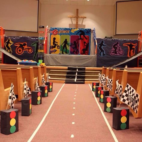 G force vbs stage Move Vbs Decorations, Vbs Race Car Theme, Seekers In Sneakers Vbs, Race Car Vbs, Orange Vbs Ready Set Move Decorating Ideas, Ready Set Move Vbs Crafts, Ready Set Move Vbs Decorations, Vbs Game Theme, Road Trip Vbs