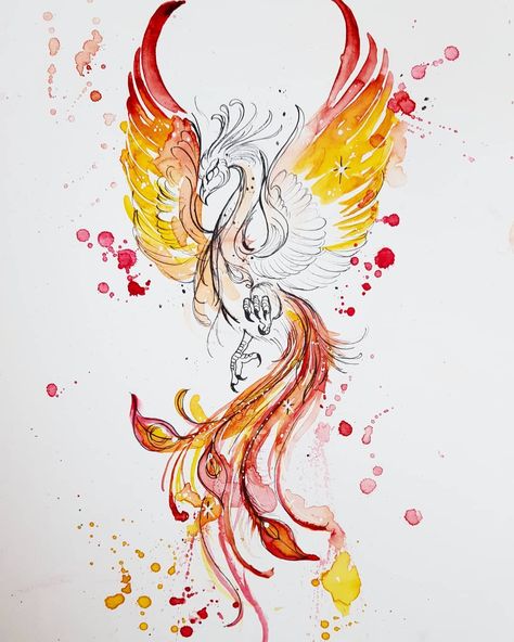 Joanne Baker on Instagram: “A Phoenix for Georgia 🔥 . . . . . #watercolortattooartist #watercolourtattoo #windsorandnewton #trekkellbrushes #phoenixtattoo…” Phoenix Watercolor Tattoo, Universal Tattoo, Phoenix Watercolor, Watercolor Phoenix Tattoo, Phoenix Feather Tattoos, Phoenix Drawing, Small Phoenix Tattoos, Phoenix Artwork, Phoenix Tattoo Design