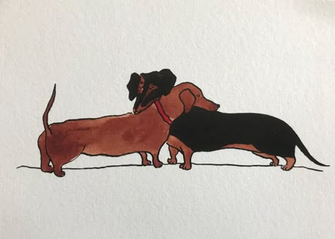 Two Dachshunds, Weiner Dog Painting, Sausage Dog Wallpaper, Sausage Dog Tattoo, Dachshund Watercolor, Dachshund Wallpaper, Arte Dachshund, Dachshund Illustration, Dachshund Tattoo