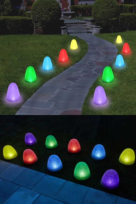 These magical LED pathway lights look exactly like giant illuminated sugar-coated gumdrops lining your driveway, porch, walkway, or runway for flying reindeer. Diy Christmas Light Walkway, Long Driveway Christmas Lights, Christmas Pathway Lights Diy, Christmas Walkway Ideas, Christmas Lights For Walk Wsy, Diy Christmas Pathway Lights, Christmas Dyi Pathway Lights, Flying Reindeer, Gum Drops