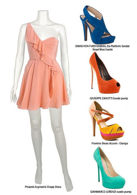 shoe colors that go with a peach dress (not this dress) Neopolitan Cake, Shoes Orange, Shoes Yellow, Orange Shoes, Peach Dress, Blue Heels, Yellow Shoes, Shoes Blue, Green Shoes