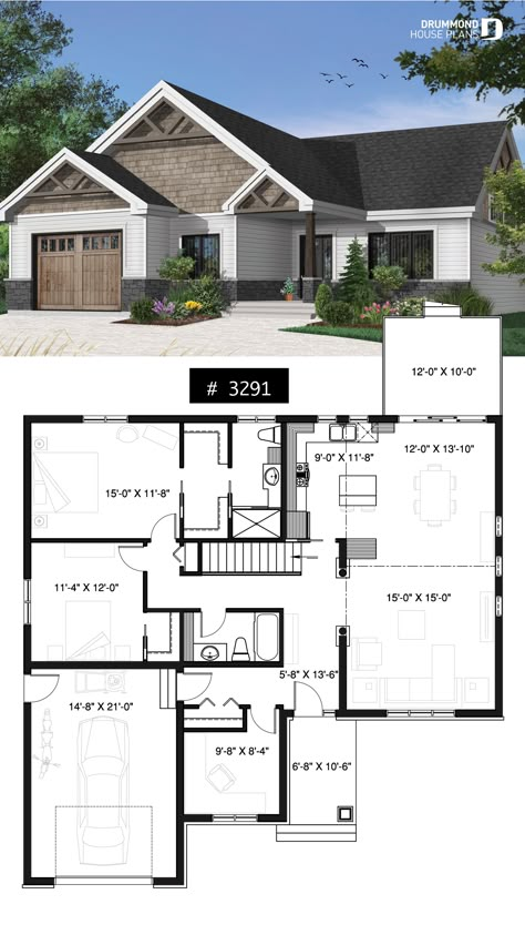 One-story northwest style house plan with 3 bedrooms ou 2 beds + home office, 2 full bath, cathedral ceiling 6 Bedroom House Plans, 5 Bedroom House Plans, Northwest Style, Unique House Plans, Cool House Plans, Little House Plans, Two Bedroom House, Free House Plans, 2 Bedroom House Plans