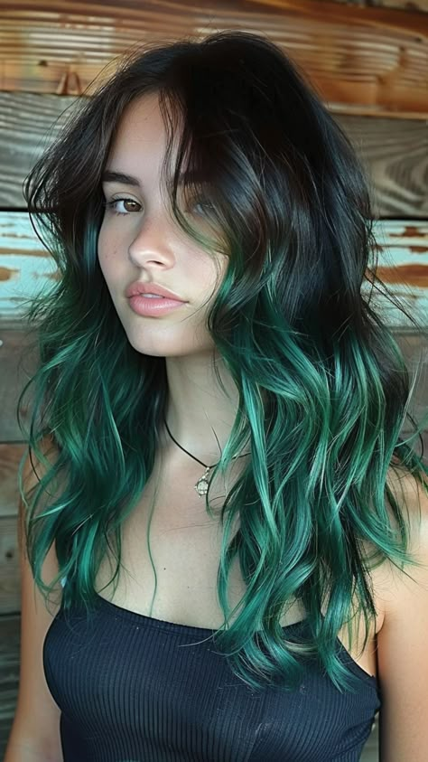 25 Green Ombre Hair Ideas for Your 2024 Style Black Hair With Ombre Highlights, Forest Green Balayage, Brown To Green Hair, Green Hair For Brunettes, Highlights Green Hair, Black With Green Hair, Green Bayalage Hair Brunettes, Dark Green Hair Highlights Brunettes, Green Hair Highlights For Black Hair