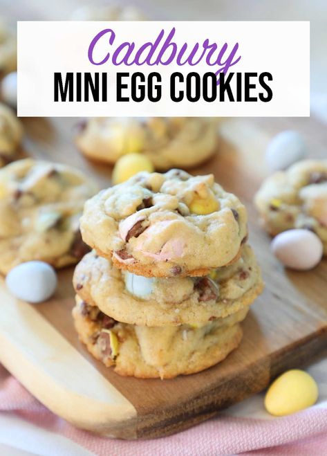 The perfect cookie for Easter with Cadbury mini eggs and chocolate chips. This cookie is soft yet chewy with a crunch from the mini eggs. An easy Easter dessert. Mini Egg Recipes, Cadbury Cookies, Cadbury Mini Egg Cookies, Mini Egg Cookies, Cadbury Mini Eggs, Mini Eggs Cookies, Egg Cookies, No Egg Desserts, The Perfect Cookie