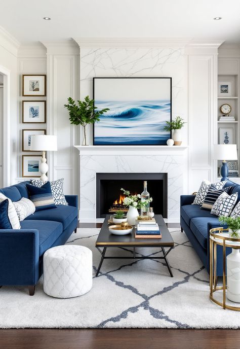 Coastal Living Room Coastal Navy Blue Living Room, Modern Nautical Living Room, Monochromatic Blue Living Room, Modern Beach Condo Decor, Coastal Classic Living Room, White Blue Living Room Ideas, Navy And White Living Room Ideas, Nautical Living Rooms, Blue And White Living Room Coastal