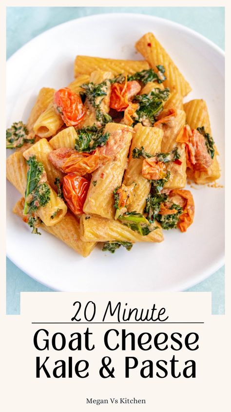 Goat cheese and Kale Pasta has a creamy goat cheese sauce with juicy cherry tomatoes, kale, and loads of garlic. This only takes 20 minutes and is so so easy to make! Tomato Goat Cheese Pasta, Fun Pasta Shapes, Goat Cheese Sauce, Lunch Recipies, Baked Feta Recipe, Tomato Goat Cheese, Fun Pasta, Cheese Pasta Recipes, Kale Pasta