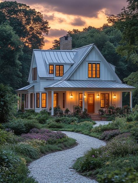 Light Grey Metal Roof, Grey Metal Roof, Future Farmhouse, Winding Path, Farmhouse Vibes, Unusual Buildings, Charming Farmhouse, Farm Houses, Garage Apartment