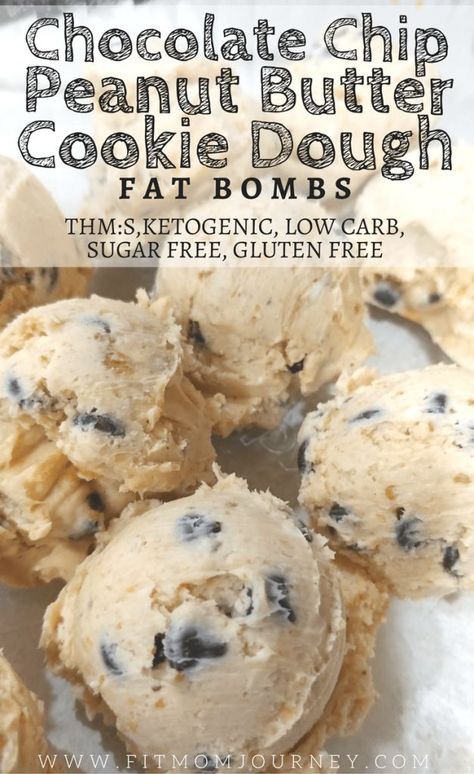 14 reviews · 50 minutes · Serves 12 · Looking for a quick and tasty recipe to help you get more fat in your diet? Make these no-cook Chocolate Chip Peanut Butter Cookie Dough Fat Bombs that are THM:S, Low Carb, Ketogenic, and Sugar Free! Butter Cookie Dough, Keto Lasagna, Postre Keto, Peanut Butter Cookie Dough, Low Carb Meal, Fat Bomb, Peanut Butter Chocolate Chip Cookies, Keto Pancakes, Fat Bomb Recipe