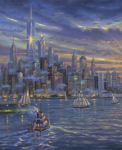 Thomas Kinkade Art, New York Statue, Freedom Tower, New York Harbor, New York City Skyline, City Painting, Cottage Art, Thomas Kinkade, La Rose