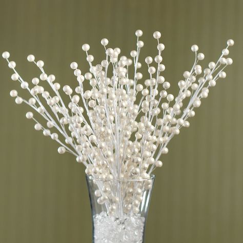 Pearl Wedding Decorations, Holiday Flower Arrangements, Elegant Christmas Tree Decorations, Flower Arrangements Wedding, Tree Branch Decor, Pearl Party, Clear Ornaments, Elegant Christmas Trees, Pot Crafts