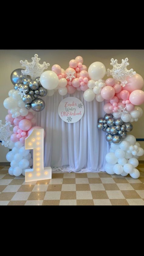 Winter Onederland First Birthday Balloon Arch, Pink Winter Wonderland Balloon Garland, 1 Year Birthday Winter Theme, It’s Snow Much Fun To Be One, Winter Wonderland Party Theme 1st Birthdays, Winter Onederland Party Backdrop, Pink And White Winter Wonderland, Winter Wonderland Decorations Pink, Pink Winter Wonderland Party Decorations