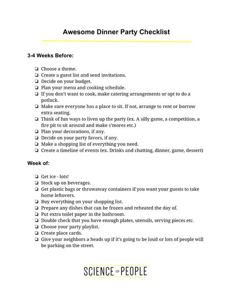 Awesome Dinner Party Checklist - How to create an awesome Dinner Party Checklist? Download this Awesome Dinner Party Checklist template now! Dinner Party Checklist, Party Checklist, Checklist Template, Business Template, Dinner Party, Party Favors, Budgeting, To Create, How To Plan