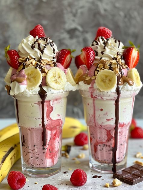 Banana Split Milkshake, Pretty Summer Desserts, Recipes Milkshake, Milkshake Ideas, Ice Creamery, Sundae Cup, Oreo Milkshake, Banana Slices, Cream Fresh