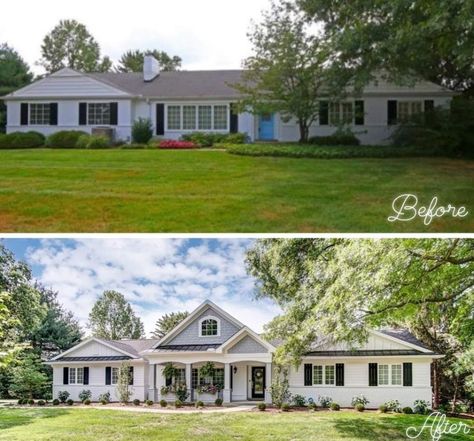 Roof Pitch Before And After, Brick Ranch Makeover House Exteriors, Ranch Home Remodel Exterior, Bedford Stone House Exterior Remodel, Ranch Home Extension Ideas, Ranch Style Exterior Remodel, Adding Gables To A Ranch Home, Ranch House Before And After, Faux Dormers On Ranch House