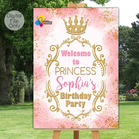 Printable PRINCESS Pink Gold Welcome Board. Princess Birthday Party Decoration. Custom Princess Crown Welcome Sign. Pink Gold Glitter Theme https://etsy.me/3f6bn76 #pink #birthday #gold #princessbirthday #princessparty #princessdecoration #princesstheme 1st Birthday Party Princess Theme, Royal Princess Theme Birthday Party, Birthday Welcome Board Entrance, Royal Princess Birthday Party Decoration, Princess Theme Birthday Party 1st, Welcome Board For Birthday Party, Princess Table Decorations, Royal Princess Birthday Party, Royal Princess Birthday