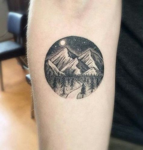 Mountains with road threw forest, circle tattoo Dr Woo Tattoo, A Small Tattoo, Tatuagem Masculina Pequena, Dr Woo, Circle Tattoo, Forest Tattoos, Landscape Tattoo, Sunflower Tattoos, E Tattoo