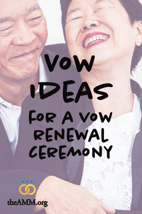 An older couple laughs happily while embracing at their wedding vow renewal ceremony. They are both wearing dark coats, and the woman has a white lace shirt underneath. Over the image are the words "Ideas for a Vow Renewal Ceremony" and the American Marriage Ministries logo, of two gold rings and three blue stars, and the website address TheAMM.org 50 Years Of Marriage 50th Wedding Anniversary Vow Renewals, Vow Renewal Words, Funny Vow Renewal Ideas, Renewing Vows Ceremony Ideas, Marriage Renewal Vows, Vows To Husband Renewal, Simple Wedding Vow Renewal Ideas, Summer Vow Renewal Colors, Vow Renewal 20 Years 20th Anniversary Wedding Dresses