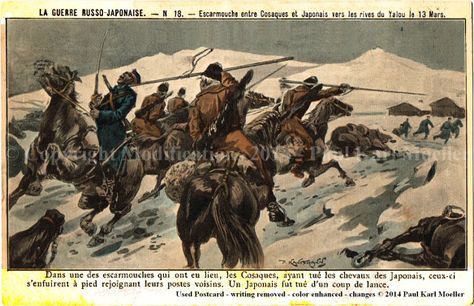 Skirmish between Cossack and Japanes near the shore of the Yalu [a.k.a. Yalü, Amnok, or Oryokko] on March 13. Historical Warriors, Spanish Conquistador, Aztec Warrior, Russian Painting, Historical Painting, Ancient Origins, Old Postcards, Dark Ages, Military Art