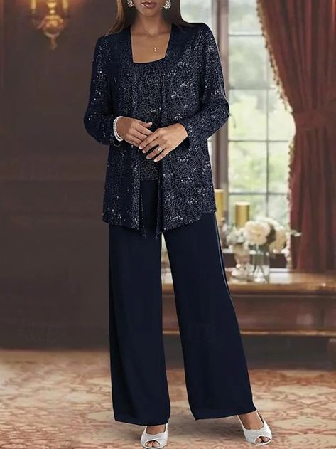 Jumpsuit / Pantsuit 3 Piece Mother of the Bride Dress Wedding Guest Grandmother Elegant Scoop Neck Floor Length Chiffon Lace Sleeveless Wrap Included with Sequin 2024 2024 - $139.99 Bride Pantsuit, Brides Mom, Chiffon Cardigan, Formal Wedding Guests, Sequin Sleeve, Dress Wedding Guest, Mothers Dresses, Mother Of The Bride Dress, Formal Outfit