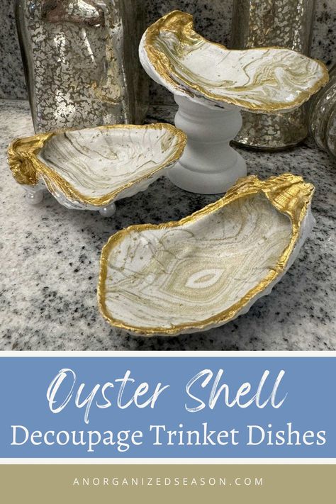 Decoupage Shells to Make Beautiful Trinket Dishes - An Organized Season Decoupage Oyster Shells Diy, Diy Oyster Shell, Decoupage Oyster Shells, Oyster Shells Diy, Seashell Wall Decor, Decoupage Shells, Shell Trinket Dish, Shell Ring Dish, Decoupage Crafts