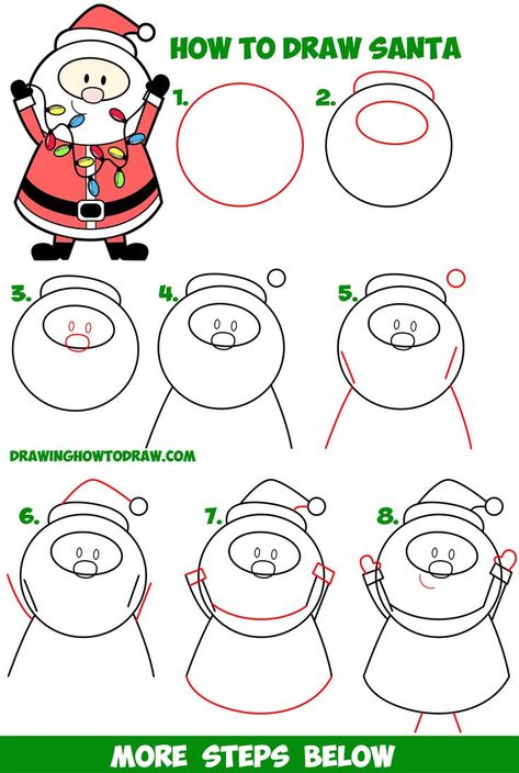 Learn How to Draw Santa Claus Holding Christmas Lights Easy Step by Step Drawing Tutorial for Kids How To Draw Santa Easy, Step By Step Santa Drawing For Kids, Cute Santa Drawing, Xmas Drawing Ideas, Crismas Drawings Ideas, Christmas Pictures To Draw, Draw Santa Claus, Christmas Drawings For Kids, Kids Lights