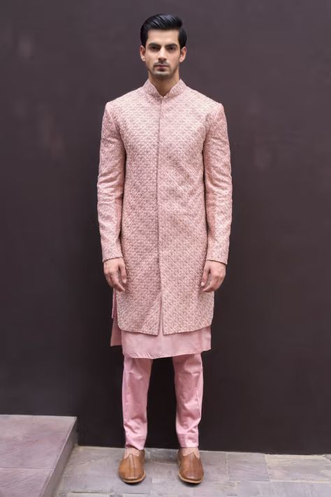 Rohak Hand Embroidered Sherwani Set Pink Sherwani, Satin Pant, Embroidered Sherwani, Haldi Outfits, Sherwani For Men, Nehru Jackets, Indian Couture, Geometric Motifs, Geometric Diamond