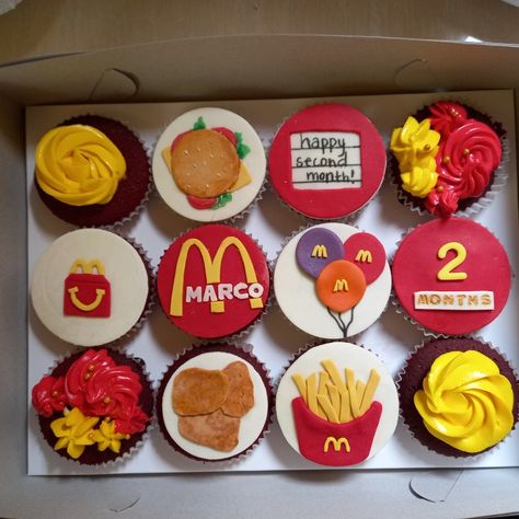 Customized. Fondant. Mcdonalds Theme Cake, Mcdonald’s Cupcakes, Mcdonalds Cupcakes, Mcdonalds Themed Birthday Party, Mc Donald Birthday, Mcdonalds Party, Mcdonalds Cake, Customized Cupcakes, Inauguration Party