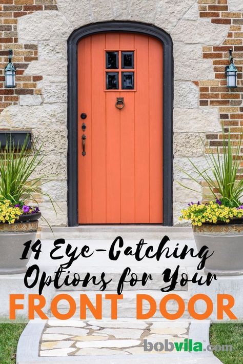 Change your front door to improve curb appeal. Check out these front door styles and colors for a new and improved exterior. | 14 Eye-Catching Options for Your Front Door Curb Appeal Door Color, Front Door Entrance Exterior, Front Door Transformation, Bright Front Doors, Exterior Front Door Colors, Exterior Updates, Single French Door, Bob Villa, Curb Appeal Ideas