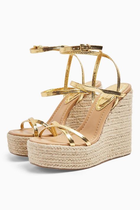 Topshop WILLA Gold Wedge Sandals Rose Gold Accessories, Gold Wedges, Shades Of Gold, Topshop Outfit, Shoe Cabinet, Summer Ready, Wedge Espadrille, Seasonal Fashion, Bridal Shoes